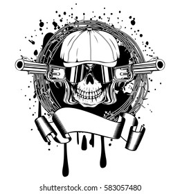 Vector illustration skull in cap with sunglasses and two revolvers and barbed wire. For tattoo or t-shirt design.