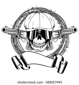 Vector illustration skull in cap with sunglasses and two revolvers and barbed wire. For tattoo or t-shirt design.