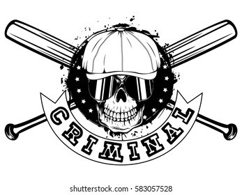 Vector illustration skull in cap with sunglasses on crossed baseball bat. Inscription criminal. For tattoo or t-shirt design.