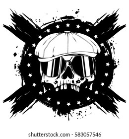 Vector illustration skull in cap with sunglasses on grunge background. For tattoo or t-shirt design.