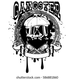 Vector illustration skull in cap with sunglasses and two revolvers and barbed wire. Inscription gangster. For tattoo or t-shirt design.