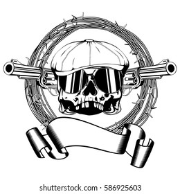 Vector illustration skull in cap with sunglasses and two revolvers and barbed wire. For tattoo or t-shirt design.