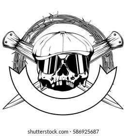 Vector illustration skull in cap with sunglasses and two crossed daggers. For tattoo or t-shirt design.