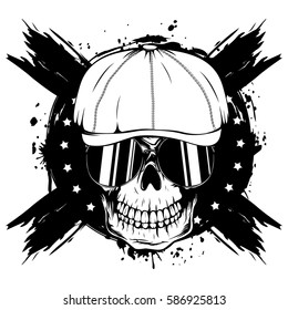 Vector illustration skull in cap with sunglasses on grunge background. For tattoo or t-shirt design.