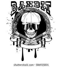 Vector illustration skull in cap with sunglasses and crossed knifes on barbed wire. Inscription bandit. For tattoo or t-shirt design.