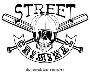 Vector illustration skull in cap with sunglasses on crossed baseball bat. Inscription street criminal. For tattoo or t-shirt design.