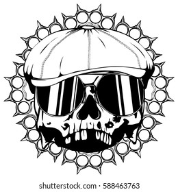 Vector illustration skull in cap with sunglasses on brass knuckles. For tattoo or t-shirt design.