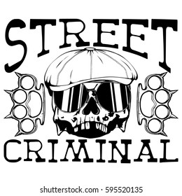 Vector illustration skull in cap with sunglasses and two brass knuckles. Inscription street criminal. For tattoo or t-shirt design.