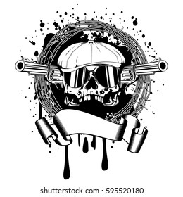 Vector illustration skull in cap with sunglasses and two revolvers and barbed wire. For tattoo or t-shirt design.