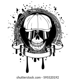 Vector illustration skull in cap with sunglasses and barbed wire. For tattoo or t-shirt design.