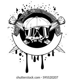 Vector illustration skull in cap with sunglasses on crossed knifes and barbed wire. For tattoo or t-shirt design.