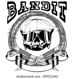 Vector illustration skull in cap with sunglasses and crossed knifes on barbed wire. Inscription bandit. For tattoo or t-shirt design.