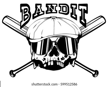 Vector illustration skull in cap with sunglasses on crossed bats. Inscription bandit. For t-shirt or tattoo design.