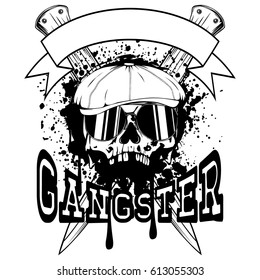 Vector illustration skull in cap with sunglasses and crossed knifes. Inscription gangster. For tattoo or t-shirt design.