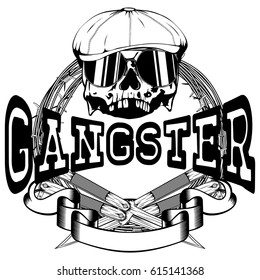 Vector illustration skull in cap with sunglasses and crossed knifes on barbed wire. Inscription gangster. For tattoo or t-shirt design.