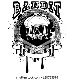 Vector illustration skull in cap with sunglasses and crossed knifes on barbed wire. Inscription bandit. For tattoo or t-shirt design.