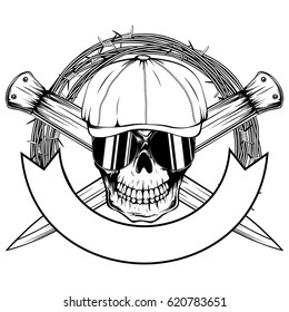 Vector illustration skull in cap with sunglasses and two crossed daggers. For tattoo or t-shirt design.