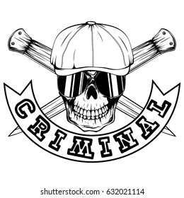 Vector illustration skull in cap with sunglasses and crossed knifes. Inscription criminal. For tattoo or t-shirt design.