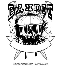 Vector illustration skull in cap with sunglasses and crossed knifes. Inscription bandit. For tattoo or t-shirt design.