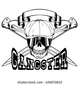 Vector illustration skull in cap with sunglasses and crossed knifes. Inscription gangster. For tattoo or t-shirt design.