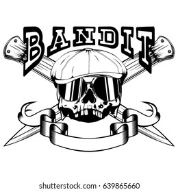 Vector illustration skull in cap with sunglasses and crossed knifes. Inscription bandit. For tattoo or t-shirt design.