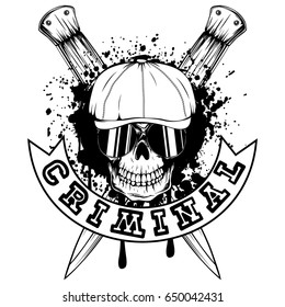 Vector illustration skull in cap with sunglasses and crossed knifes. Inscription criminal. For tattoo or t-shirt design.