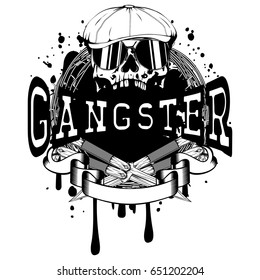 Vector illustration skull in cap with sunglasses and crossed knifes on barbed wire. Inscription gangster. For tattoo or t-shirt design.