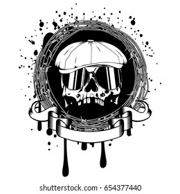 Vector illustration skull in cap with sunglasses and barbed wire. For tattoo or t-shirt design.