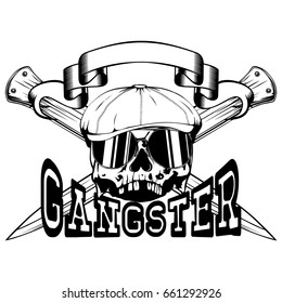 Vector illustration skull in cap with sunglasses and crossed knifes. Inscription gangster. For tattoo or t-shirt design.