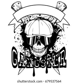 Vector illustration skull in cap with sunglasses and crossed knifes. Inscription gangster. For tattoo or t-shirt design.