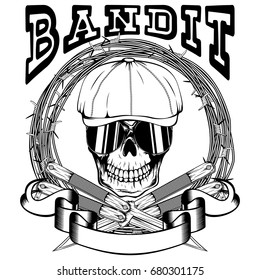 Vector illustration skull in cap with sunglasses and crossed knifes on barbed wire. Inscription bandit. For tattoo or t-shirt design.