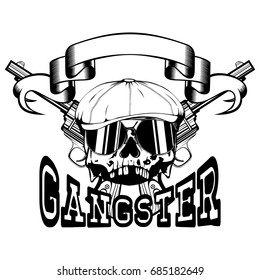Vector illustration skull in cap with sunglasses and two revolvers. Inscription gangster. For tattoo or t-shirt design.
