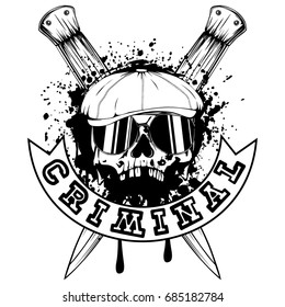 Vector illustration skull in cap with sunglasses and crossed knifes. Inscription criminal. For tattoo or t-shirt design.