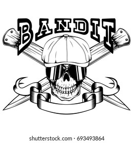 Vector illustration skull in cap with sunglasses and crossed knifes. Inscription bandit. For tattoo or t-shirt design.