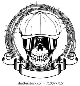 Vector illustration skull in cap with sunglasses and barbed wire. For tattoo or t-shirt design.
