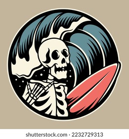 Vector illustration skull carrying surfboard. For t-shirts, stickers and other similar products.