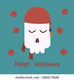 vector illustration of skull in cartoon style for halloween in costume of pirate