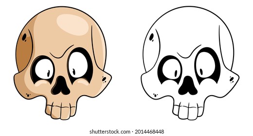 Vector illustration of a skull in cartoon style. Funny skull. Cartoon skull isolated on white background. Skull Coloring Book.