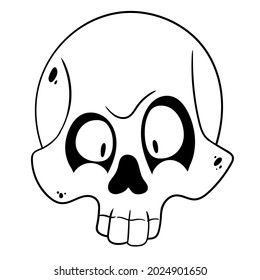Vector illustration of a skull in cartoon style. Funny skull. Black-white sketch of a human skull.