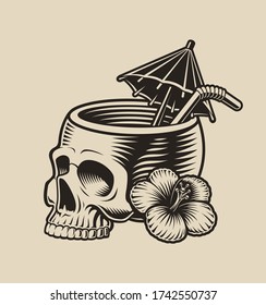 Vector illustration of a skull with a cocktail straw on a white background.