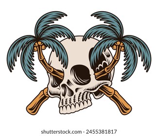 Vector illustration skull and coconut tree on a white background