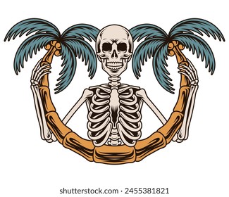 Vector illustration skull and coconut tree on a white background