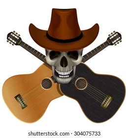 Vector illustration Skull in cowboy hat on a background of overlapping guitars light and dark colors. Isolation object.