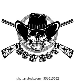 Vector illustration skull in cowboy hat and crossed rifles. Lettering cowboy.