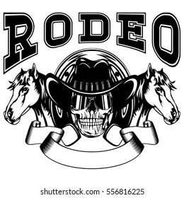 Vector illustration skull in cowboy hat and two horses on horseshoe. Lettering rodeo.