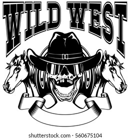 Vector illustration skull in cowboy hat and two horses on horseshoe. Lettering wild west.