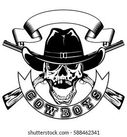 Vector illustration skull in cowboy hat and crossed rifles. Lettering cowboys.
