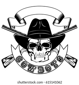 Vector illustration skull in cowboy hat and crossed rifles. Lettering cowboys.