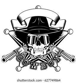 Vector illustration skull in cowboy hat with sunglasses and two revolvers on sheriff star. Lettering cowboy.