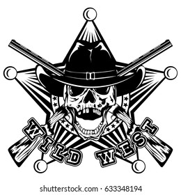 Vector illustration skull in cowboy hat and crossed rifles on sheriff star. Lettering wild west.